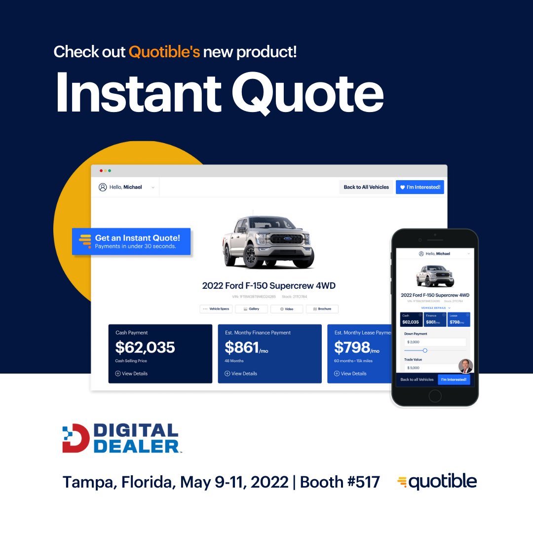 We are excited to exhibit at the Digital Dealer Conference in Tampa where we will introduce our latest product Instant Quote! Come visit us at booth #517 to learn how this new technology is about to make the car shopping experience more personal!

#DigitalDealer #AutoIndustry