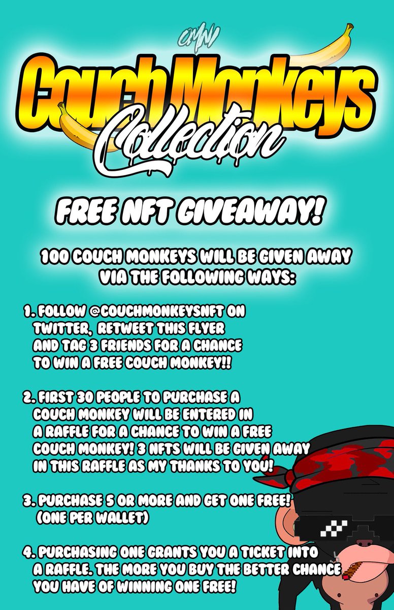 couchmonkeysNFT's tweet photo. COUCH MONKEYS FREE GIVEAWAY! 🥳

To enter:
1) Like &amp; RT
2) Follow @couchmonkeysNFT 
3) Tag 3 Friends
4) Share wallet https://t.co/L9RuyQD36G