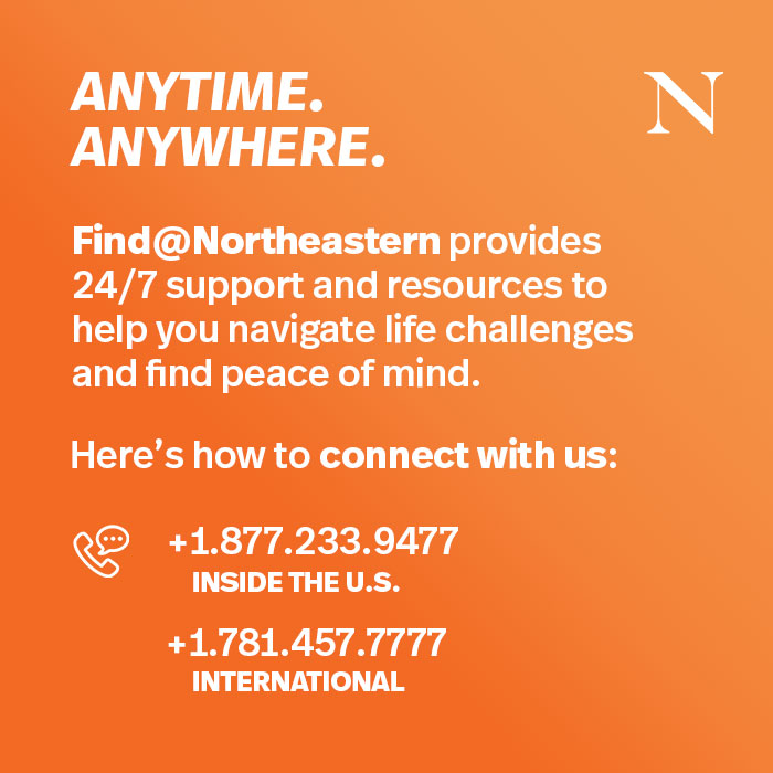 Here's where to start for #mentalhealth support: Find@Northeastern.

➡️: bitly.com/33hWYiz 

<a href="/NU_UHCS/">Northeastern UHCS</a> #MentalHealthAwarenessMonth