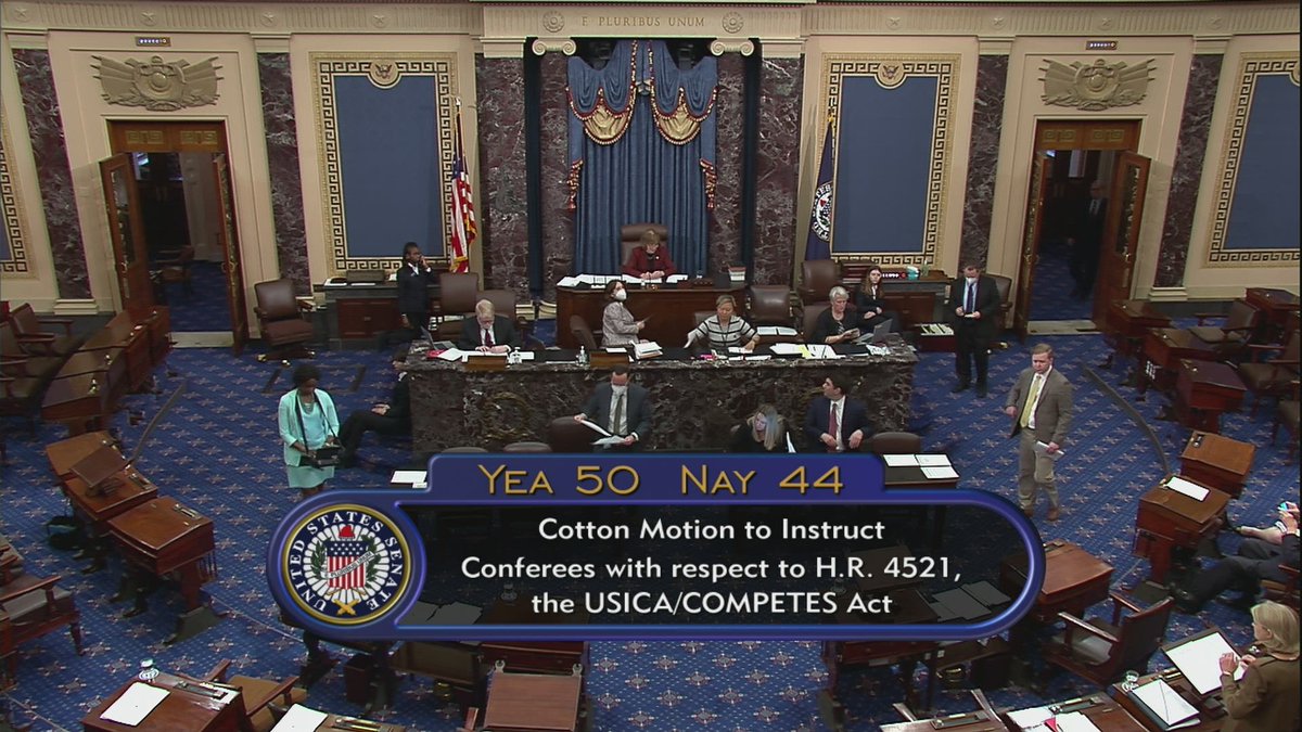 50-44: Senate approved Cotton (R-AR) motion to instruct their conferees to remove $8B for Green Climate Fund from House science &amp; tech bill and used instead for Defense Advanced Research Projects Agency for weapons systems to compete with China.