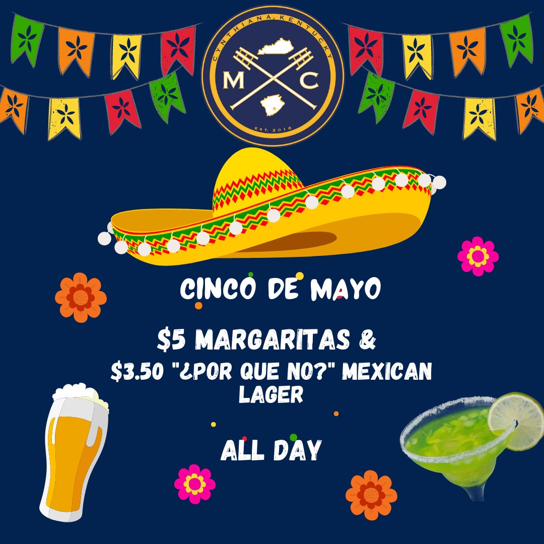 maidencitybrew's tweet photo. What's better than tacos, beer, and Margaritas on Cinco De Mayo? Come celebrate with $5 Margaritas and $3.50 Por Que No Mexican Lager 5/5/2022 only! Available in Cynthiana (for a limited time) and Paris! #mcbrewingco #cynthianaky #thingstodoincynthiana #kycraftbeer https://t.co/Wbn2FvJ9Jc
