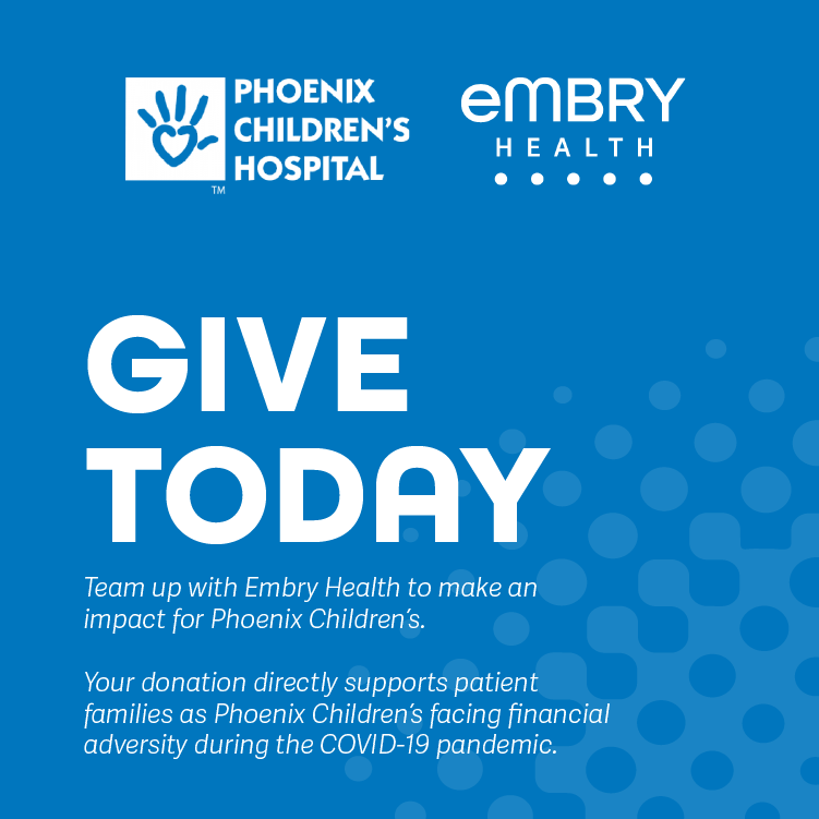 EmbryHealth's tweet photo. Help us raise money to support the Phoenix Children's Hospital. Click the link below to donate. #EmbryGivesBack #PhoenixChildrensHospital
https://t.co/fKr5zrcA8o https://t.co/PFhGyPjIYR
