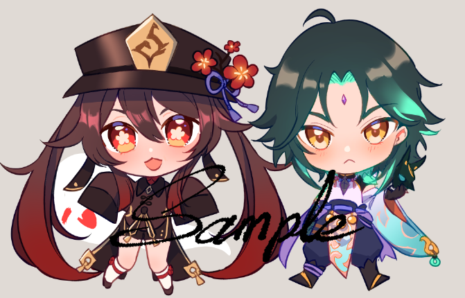 hu tao (genshin impact) ,xiao (genshin impact) 1girl 1boy chibi hat twintails symbol-shaped pupils brown hair  illustration images