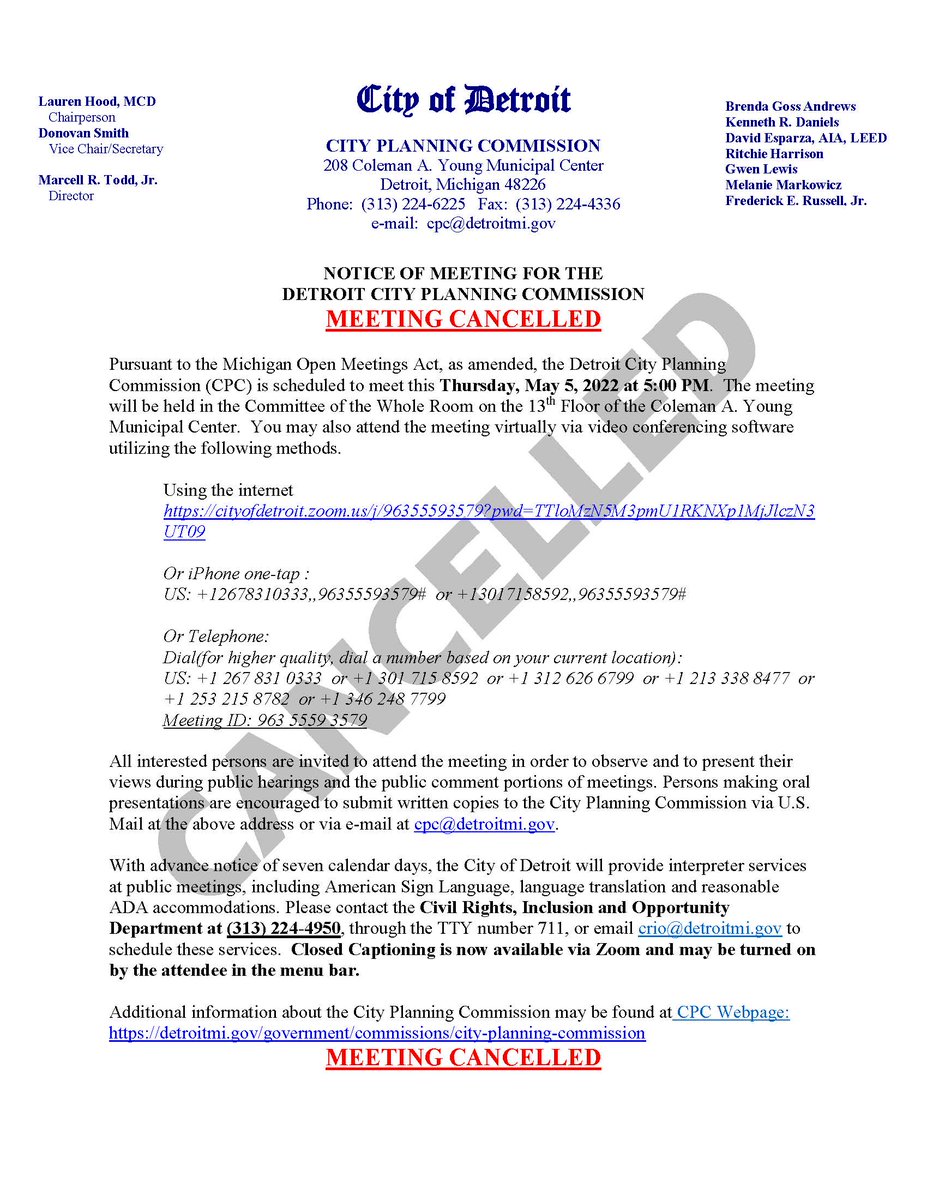 CPCDetroit's tweet image. The May 5, 2022 meeting of the Detroit City Planning Commission has been cancelled.