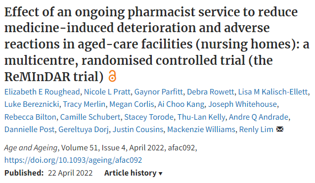 Our ReMInDAR trial results now out in <a href="/Age_and_Ageing/">Age_and_Ageing</a> 
We tested an innovative on-going #pharmacist service across 39 #AgedCare in SA and Tasmania.

Read here bit.ly/3scQb5G Open access

@universitySA <a href="/UTAS_/">University of Tasmania</a> <a href="/UniofAdelaide/">Uni of Adelaide</a> 
Summary of what we did and what we found
🧵1/7