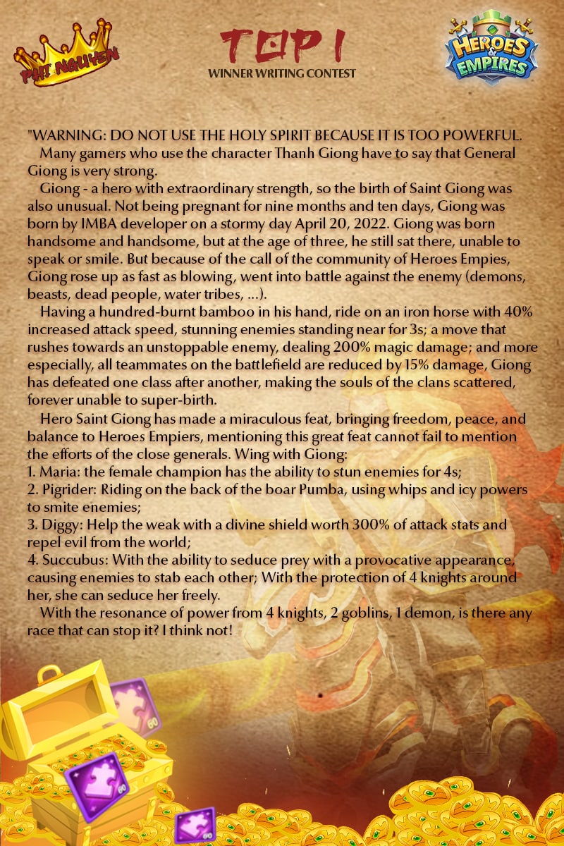 BexlyApp's tweet image. The Chosen One | Who Is That? 👑👑

to the TOP 1 (Phi Nguyen) hero, this's a special moment for you. 🙏

👉 Top 5 entries: &amp;lt;blog.heroesempires.com/p/saint-giong-…&amp;gt; (We'll send out rewards within 7 days of this post).