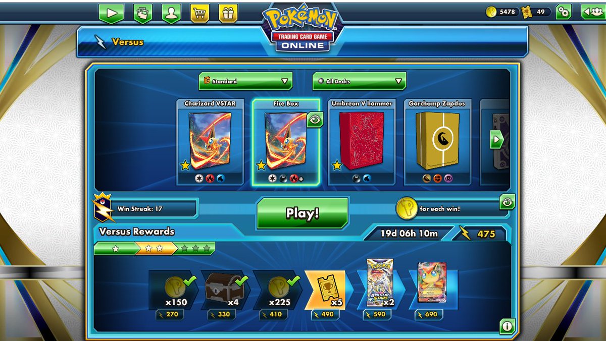 ClwnNux's tweet photo. Went on a 17 game win streak on ladder with new "Fire Box" type of deck I've been working on! #PTCGO #PTCGL #TCG #ptcgo #BrilliantStars #BDIF #VSTAR https://t.co/SuVYFJ2uBq
