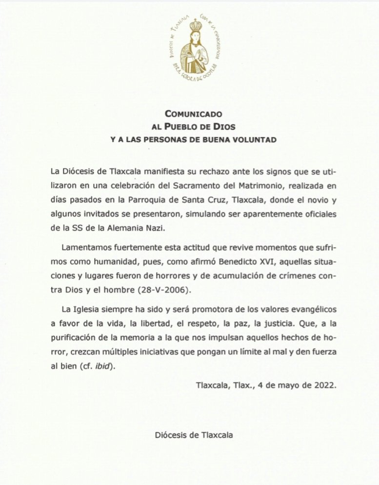 La <a href="/dioctlaxcala/">@dioctlaxcala</a> manifiesta su rechazo ante los signos Nazis que se utilizaron en el Sacramento del Matrimonio, en días pasados. La Iglesia siempre ha sido y será promotora de valores evangélicos a favor de la vida, la libertad, el respeto, la paz, la justicia.