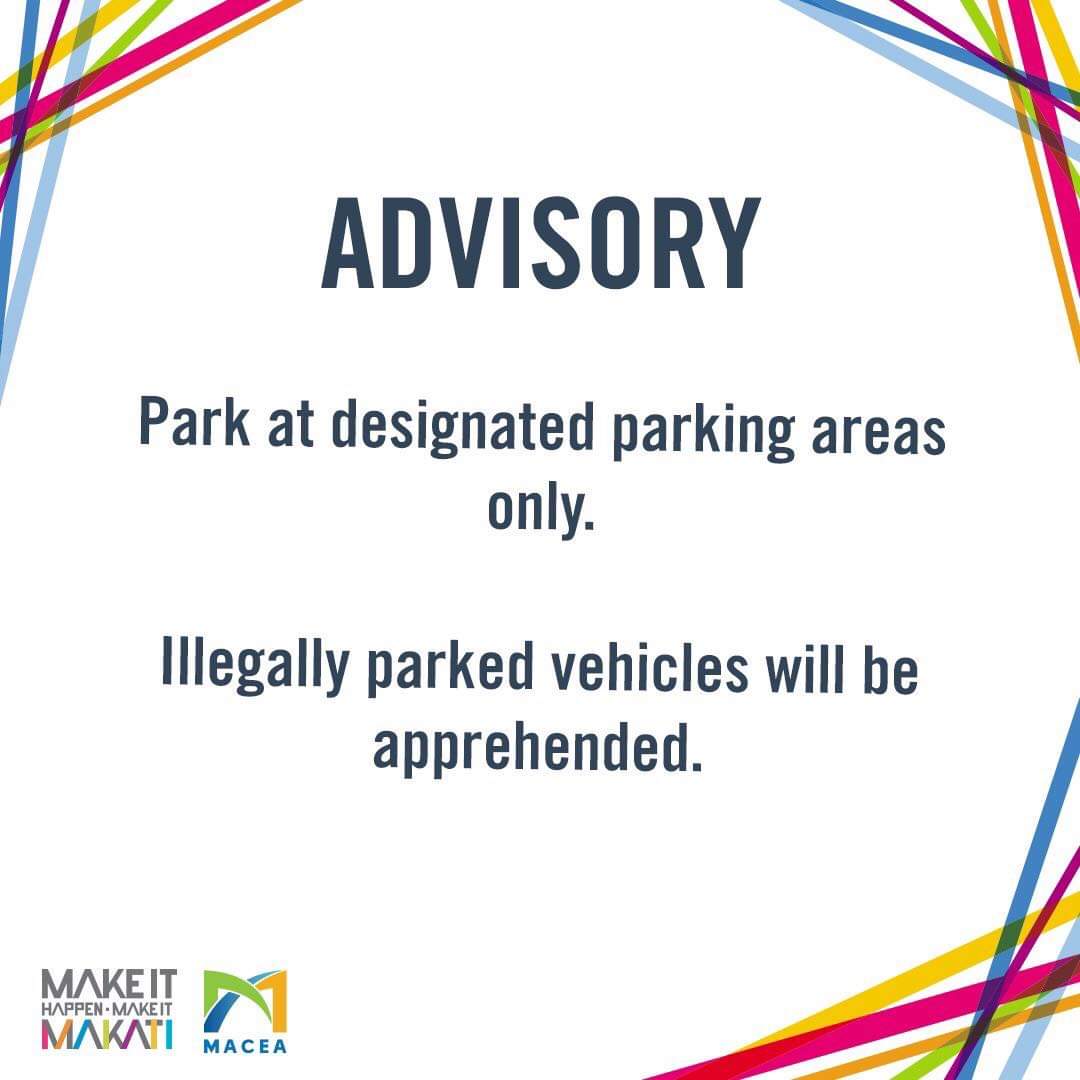 ADVISORY: Makatizens, check out the Parking Areas available in the city on May 7, 2022 (Saturday).

Parking Areas (Open from 6AM to 12MN)
P1 - Valero Car Park 2
P2 - Dela Rosa Car Park 1
P3 - Dela Rosa Car Park 2
P4 - Legazpi Parking Building
P5 - Corinthian Car 
©️Make it Makati