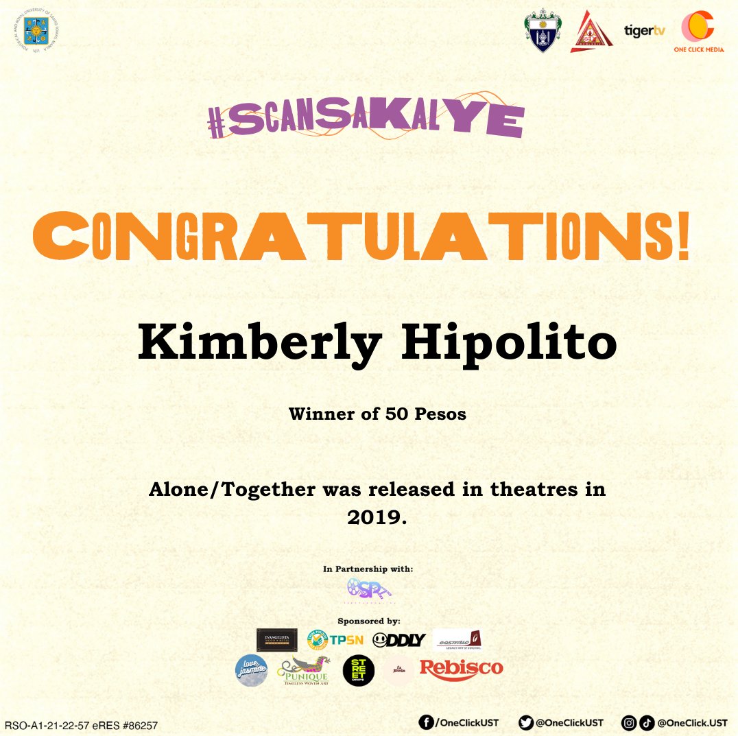 OneClickUST's tweet photo. Congratulations to our #ScanSaKalye winner for May 4, 2022! Donβt miss out and stay tuned for more updates.
#SineSaKalye
#LimitlessWithOneClick
#RedefiningCreativity
#StreamCon2022
#EmpowerThroughCASA https://t.co/MlsJDBWv0z