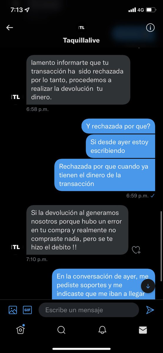 GioPenaranda's tweet photo. @Natalhycs @taquillalive Hola! Las boletas no te van a llegar, te van a decir que la transacción fue rechazada y que te devuelven el dinero, estan sobrevendiendo. Copio respuesta de ellos https://t.co/ZL0Vz9fFy5