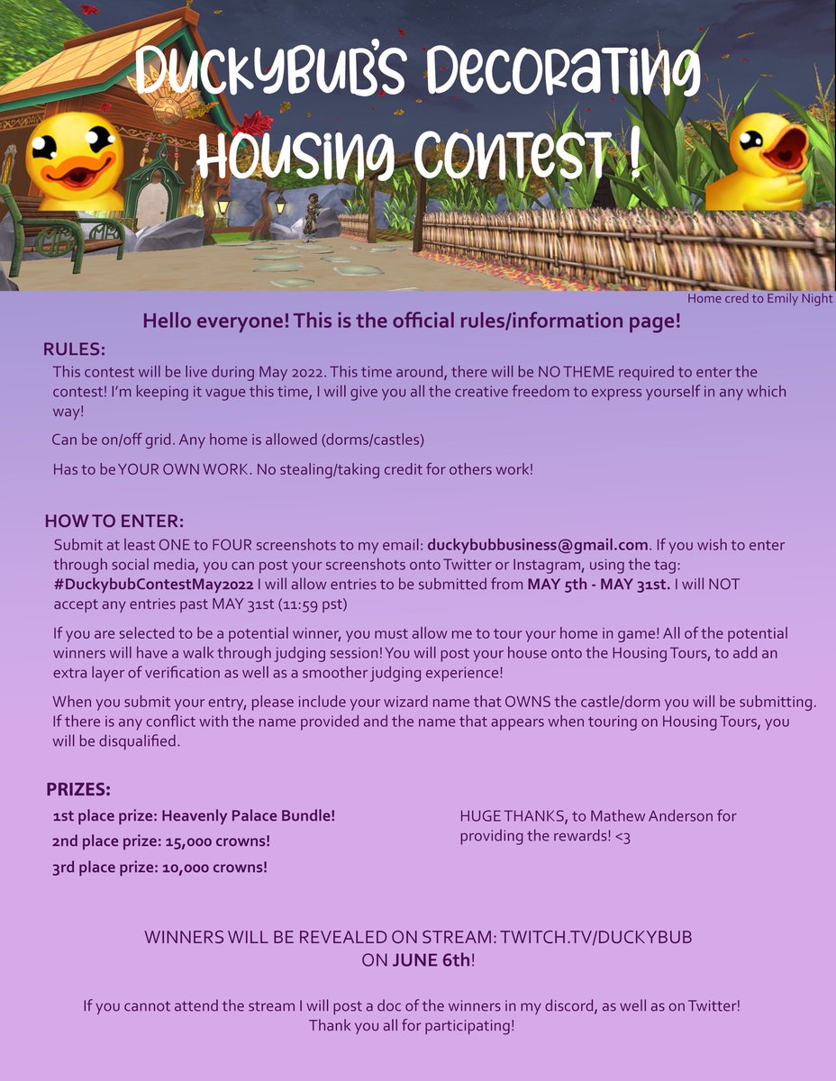 DuckybubArtemis's tweet image. Here is my new housing contest that was won during my subathon!! Cant wait to see what you guys can come up with 😊🤩 #wizard101 #wizard101housing #DuckyBubContestMay2022