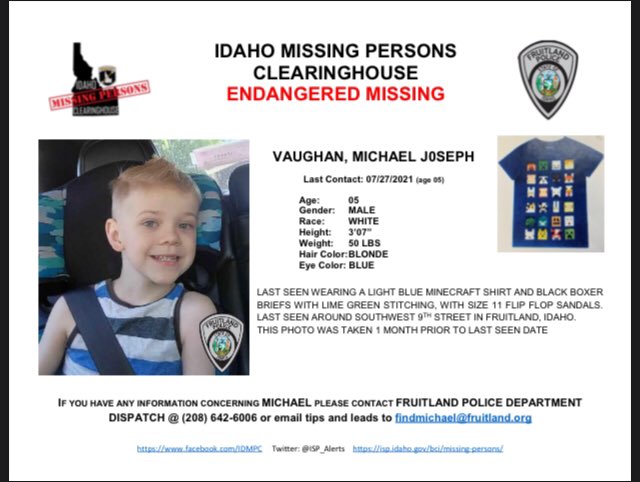 steffysmith007's tweet photo. Five year old #MichaelVaughan aka #Monkey is #missing out of #Idaho. #Police fear he was #ABDUCTED. Please #interview his parents to help #FindMichael! His #6th #birthday is this #June.
“ there is a high probability of an abduction.”:
https://t.co/XFHs0iLaB7…
@CourtneycABC https://t.co/fZ3jXd57Ku