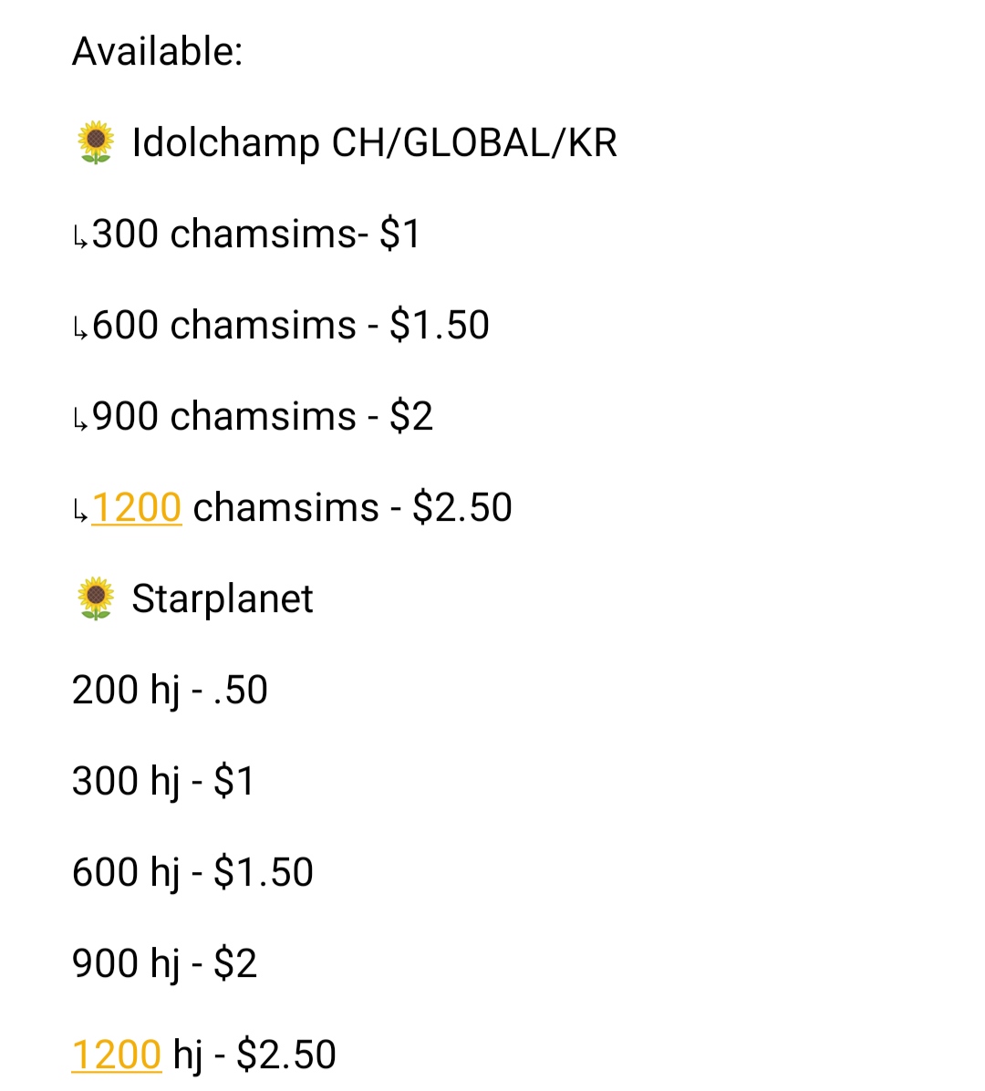 gavotesell's tweet photo. Available votes for Sale!!

🌻 Idolchamp CH/GLOBAL/KR
↳300 chamsims- $1 
🌻 Starplanet 
↳200 hj - $.50
🌻 MCOUNTDOWN (prevote/queendom)
↳20 votes —$1
🌻 TTA Tickets- OPEN FOR RESERVATION
↳35 votes—$1

Dm to order or for reservation https://t.co/7NhRLS83L9
