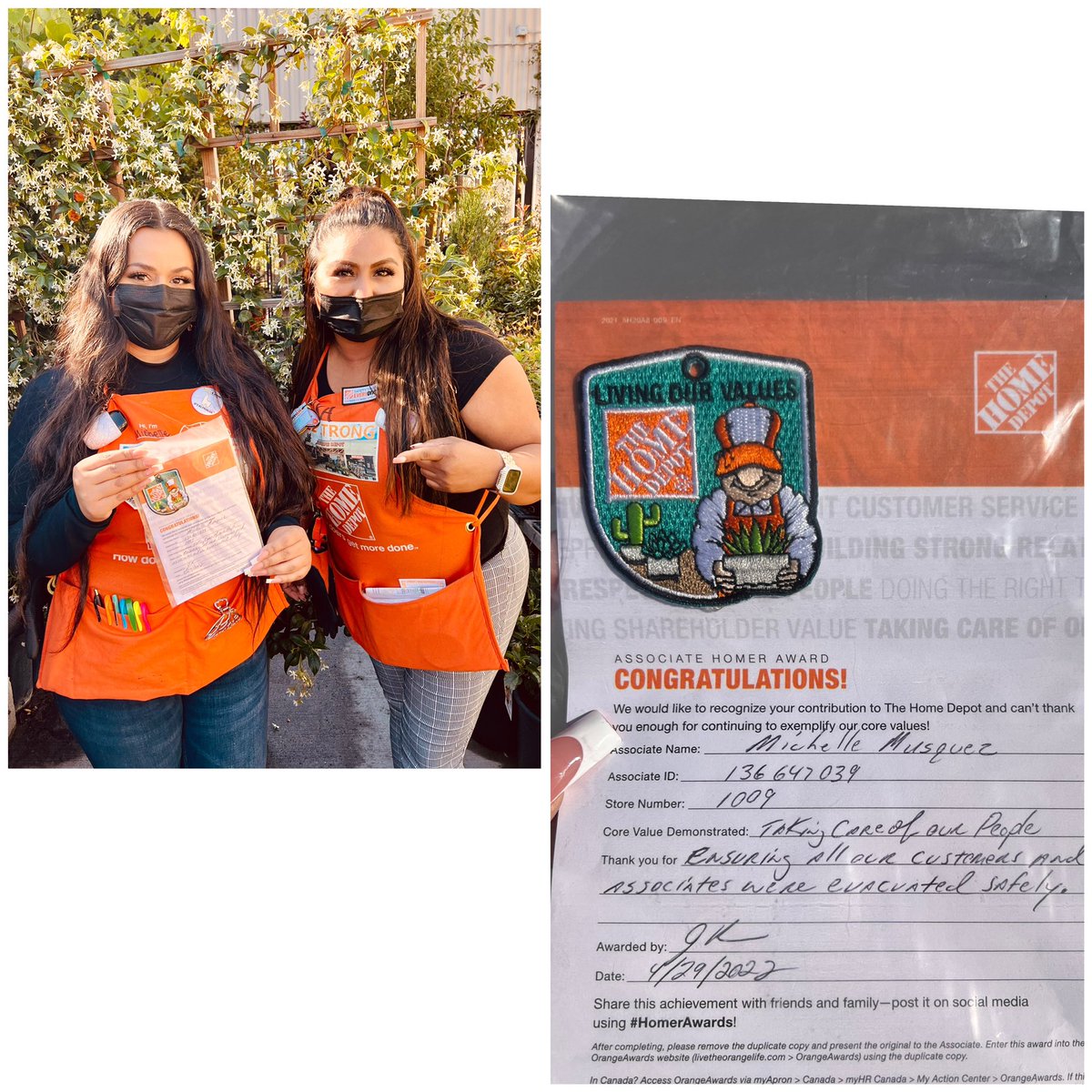 Living Our Values 🧡 I’m excited to continue my development with HD at store 1009. Thank you Erika for being my mentor and welcoming me in from 0622. #PacNorthProud