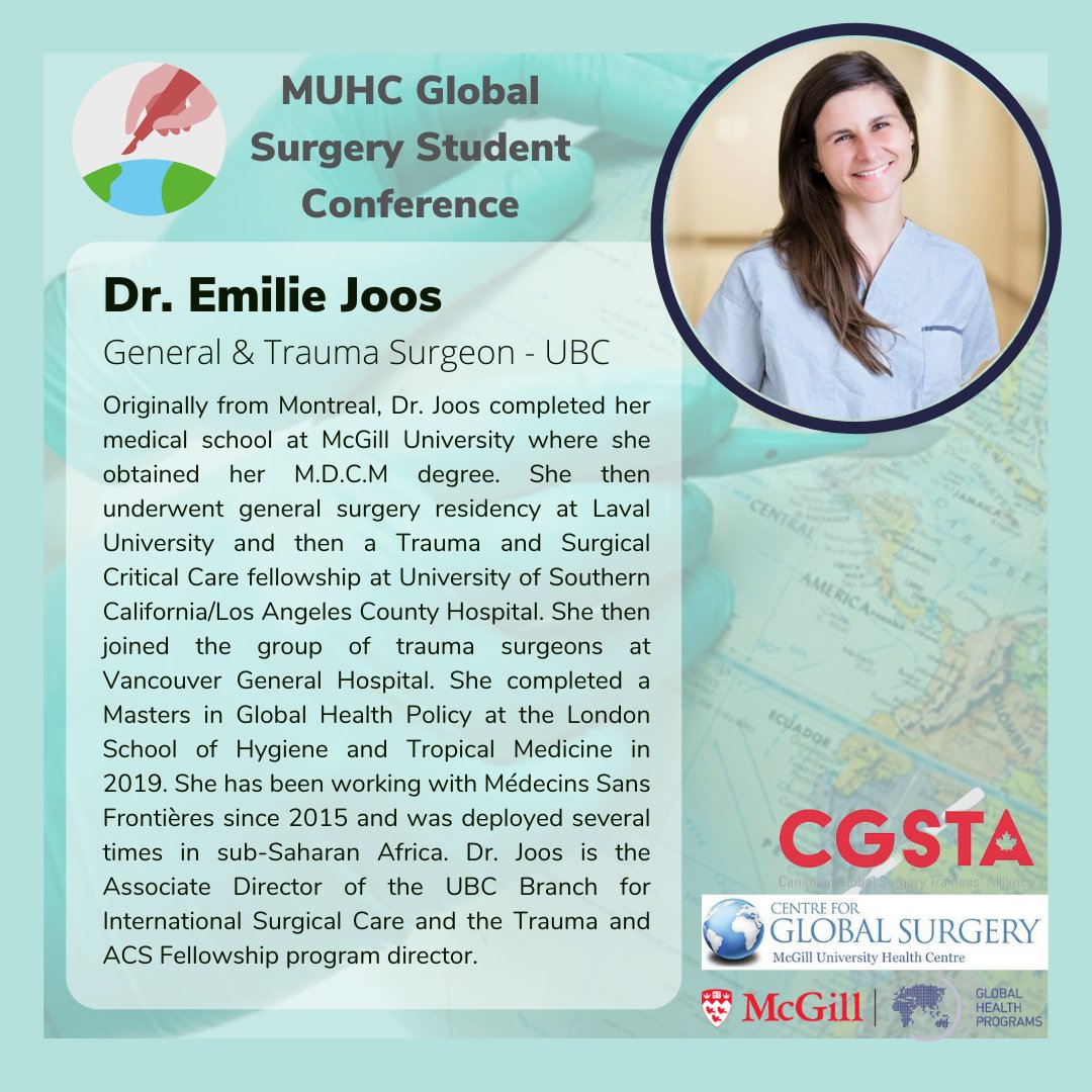 MUHC_GSC's tweet photo. Meet Dr. @EmilieJoos, one of our speakers for this year's conference! @UBC_Global_Surg 
Session: Can we train surgeons through an #NGO? A UBC-MSF pilot project in South Sudan. Happening at 2h30 PM EST 
Sign up here: https://t.co/tZeSeLSuxc #GlobalSurg #GlobalHealth #surgicalcare https://t.co/jzVJd5CvXO