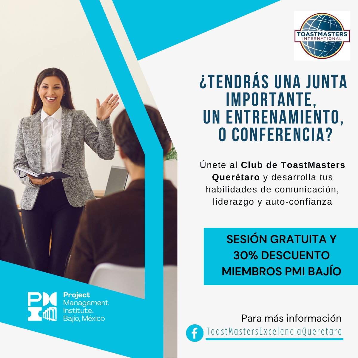 pmsbajio's tweet photo. PMI Bajío y ToastMasters Querétaro te invitan a vivir la experiencia ToastMasters,  desarrolla habilidades de comunicación, liderazgo, auto-confianza y crecimiento personal.

Sesión gratuita, descuento del 30% a miembros del PMI Bajío
Regístrate https://t.co/jLAHRoMVr5 https://t.co/FtCU8cxaBQ