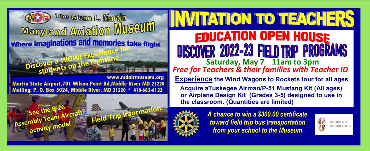 MdAirMuseum's tweet photo. Attention Teachers, The Glenn L. Martin Maryland Aviation Museum at Martin State Airport is hosting an Educators Open House on Sat. May 7. Free for teachers with ID and their families. Plan to attend to discover exciting interactive learning experiences field trips for 2022-23. https://t.co/Ppa1UoYHZz