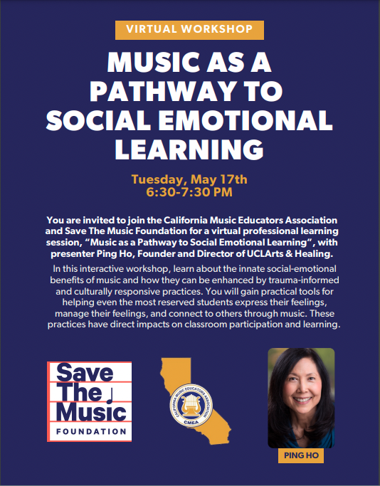 You are invited to a free virtual professional learning session! 
Music as a Pathway to Social Emotional Learning with presenter Ping Ho, Founder and Director of uclartsandhealing.org May 17, 6:30-7:30pm PT. 
Info at:
calmusiced.com/membership-ser…