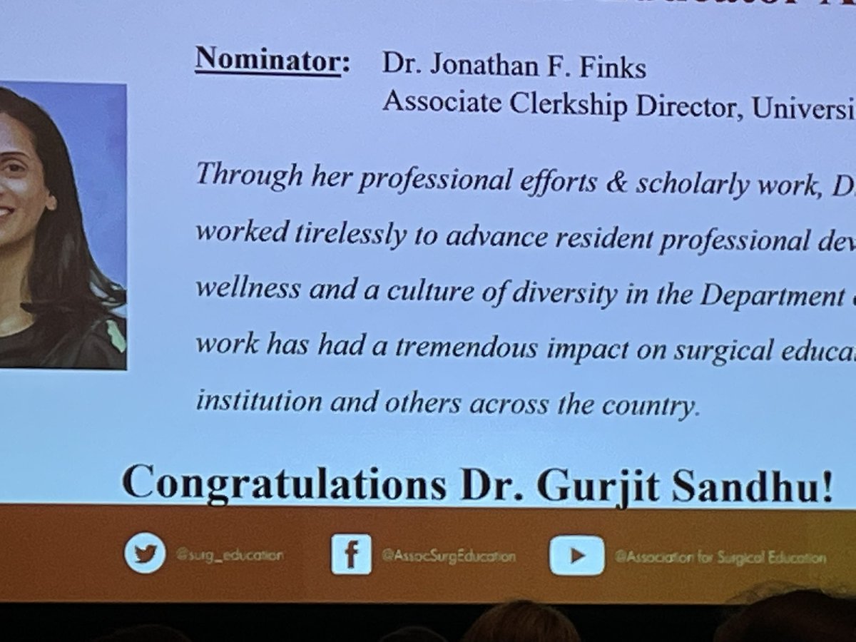 Laura R. Brown, MD, PhD (@laurarbrownmd) on Twitter photo Congratulations Dr. Gurjit Sandhu for winning the mid career surgical educator award. The applause and energy from the room says more than the pictures! You are loved and respected.
<a href="/UMichSurgery/">Michigan Surgery</a> <a href="/GSandhuSurgEd/">Gurjit Sandhu</a> <a href="/Surg_Education/">Association for Surgical Education</a> Congratulations Dr. Gurjit Sandhu for winning the mid career surgical educator award. The applause and energy from the room says more than the pictures! You are loved and respected.
<a href="/UMichSurgery/">Michigan Surgery</a> <a href="/GSandhuSurgEd/">Gurjit Sandhu</a> <a href="/Surg_Education/">Association for Surgical Education</a>
