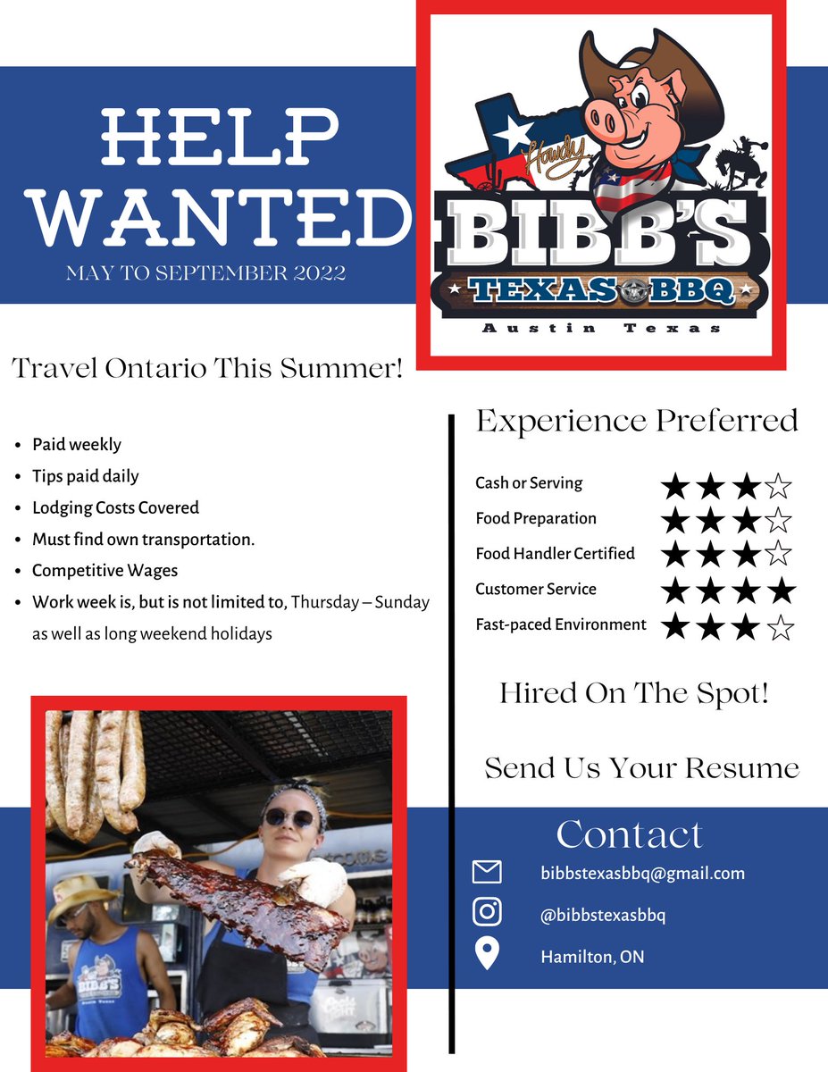 Call all meat lovers!! Summer work is available. Enjoy some travel, music and good food. DM us or send resume to bibbstexasbbq@gmail.com 🤠 #hamont #burlington #Mississauga #ribfest #ontario #rotary
