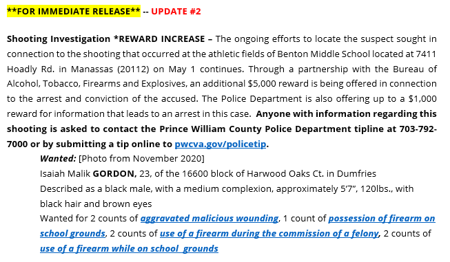 PWCPolice's tweet photo. *REWARD INCREASE: #PWCPD through a partnership with @ATFWashington are offering an additional $5,000 reward for the arrest &amp; conviction of Isaiah Malik GORDON, in connection to the shooting that occurred on the athletic fields at Benton MS on May 2. Call police if you have info. https://t.co/WACYloTapQ