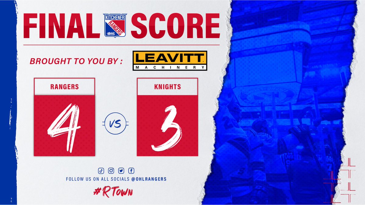 OHLRangers's tweet photo. WERE OFF TO ROUND TWO🗣

We win the series 4-3 and are set to play The Windsor Spitfires!

Get ready to #RockTheAud in round two #RTown

Game Recap:
1st: Martin
2nd: Valade
3rd: Serpa
OT: Petizian

Brought to you by @LeavittMachine 

#OHLRangers | #GameON https://t.co/Eu9WoU9Ctc