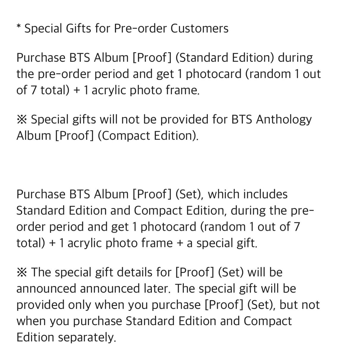 mulletsjimin's tweet photo. if you purchase a standard ver, you will get 1 preorder benefit of 1 random pc and acrylic photo frame (think pobs for the fact china). the compact version does not come with a pob. there will be a separate pob if purchasing a set, but it’ll be announced at a later date. https://t.co/0Rg28douiK