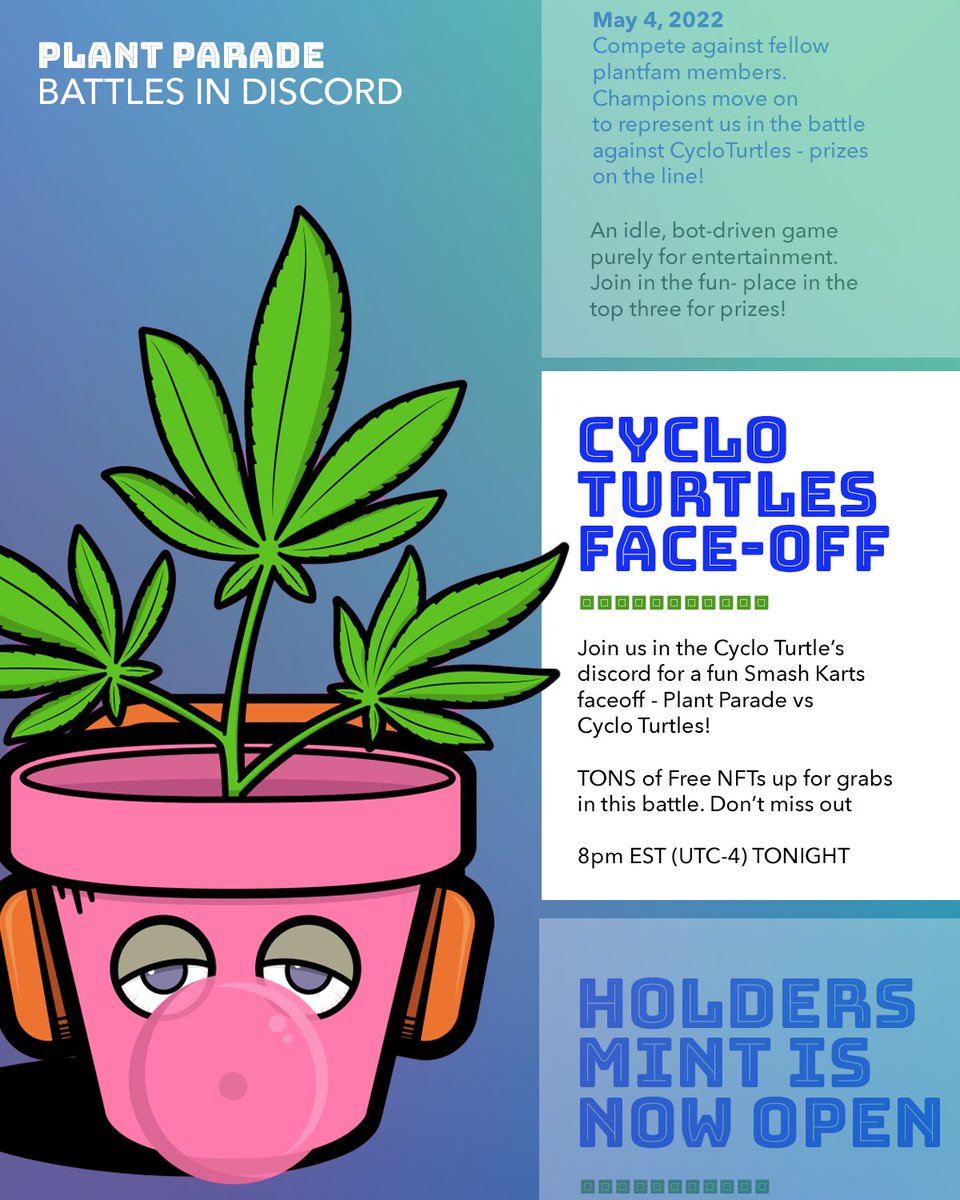 PlantParade_nft's tweet photo. Tonight-- @PlantParade_nft and @CycloTurtles face off in an epic Smash Karts battles for the ages!

Whether you are competing or not, join in and score one of the MANY prizes on the line #FreeNFTs &amp; more!

https://t.co/jBmf3hw7XD

🌿🐢

#headtohead #freegiveaways #nftcommunity https://t.co/WlJjOyMowb