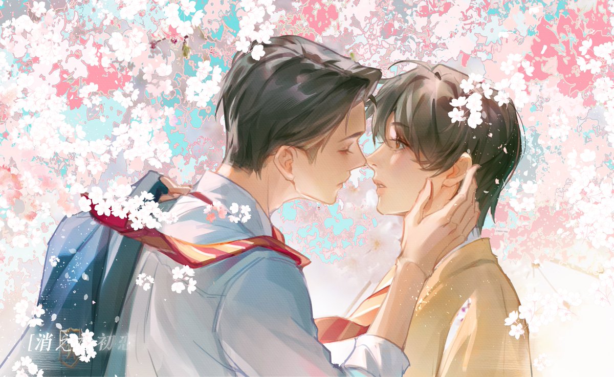 multiple boys 2boys male focus closed eyes cherry blossoms yaoi black hair  illustration images