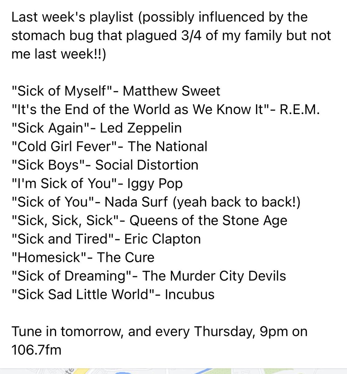 Last week’s playlist featured @remhq, @ledzeppelin, @TheNational, @SocialD1, @IggyPop, @nadasurf, @qotsa, @EricClapton, @thecure, @MurderCity, @IncubusBand & more. Tune in every Thursday, 9pm, on @KGTNGeorgetown 💕🎶