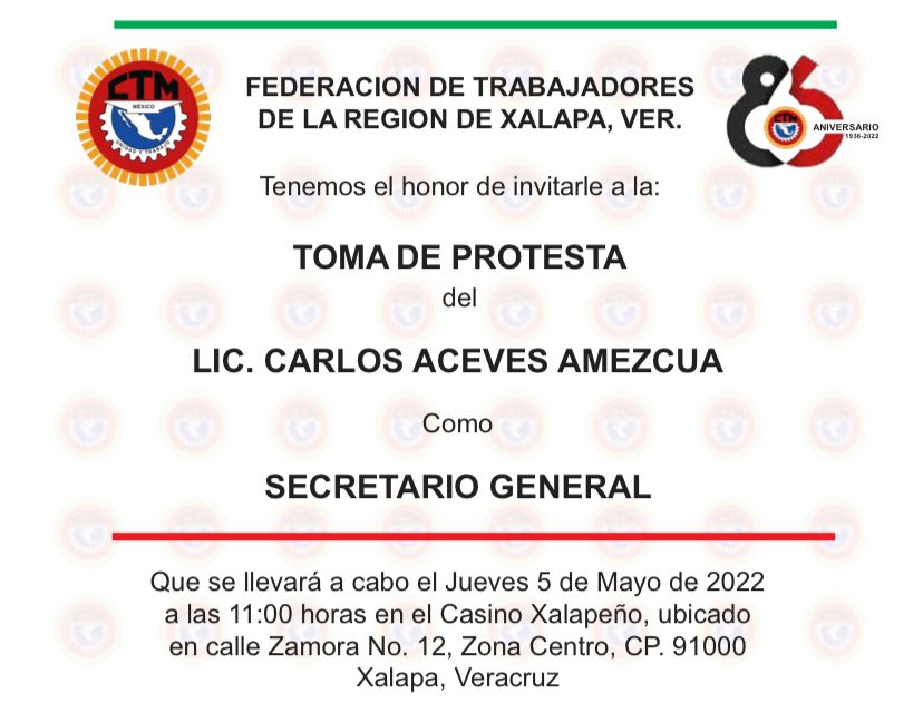 PRIVeracruz_'s tweet photo. 📌Reportero y/o jefe de información #Xalapa: 

Extendemos una cordial invitación a la toma de protesta del Lic. Carlos Aceves Amezcua como secretario general de la CTM Xalapa.

🗓️Jueves 5 de mayo
⌚11:00 horas
📍Casino Xalapeño(Zamora #12, Col. Centro)

Agradecemos su asistencia. https://t.co/BiomMXeoVE