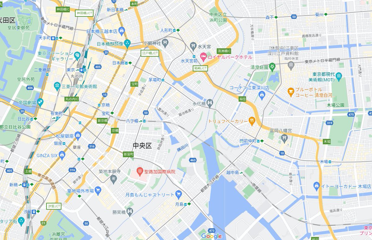なんか、Googleマップ、バグってる？　隅田川が埋め立てられてるんだが・・・。