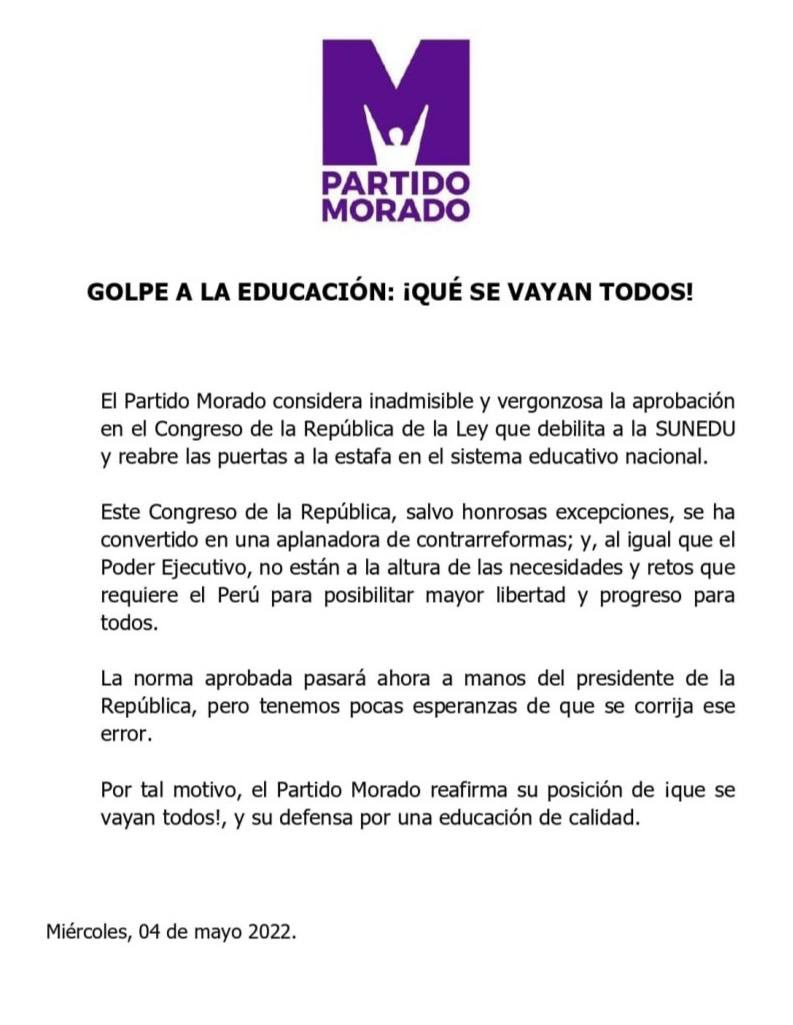 partidomorado's tweet photo. El @partidomorado no permitirá que el @congresoperu juegue con la educación universitaria y el futuro de nuestra juventud. La reforma universitaria NO RETROCEDERÁ #LaEducaciónSeRespeta https://t.co/ZlBqThXaeI