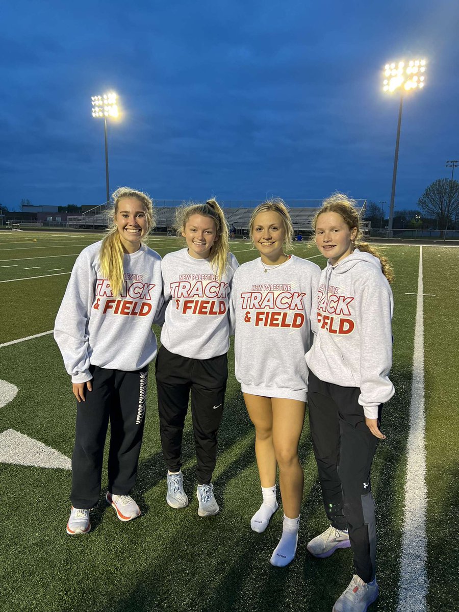 The 4x800 relay of Ashlyn Sanford, Lexi Baynes, Courtney Study &amp; Tylar Whitaker set a NEW HANCOCK COUNTY RECORD in their victory tonight!!! 

They lined up to race 8 more times combined after this win to help clinch the team championship 🏆 

#DragonFire🔥 #Champions