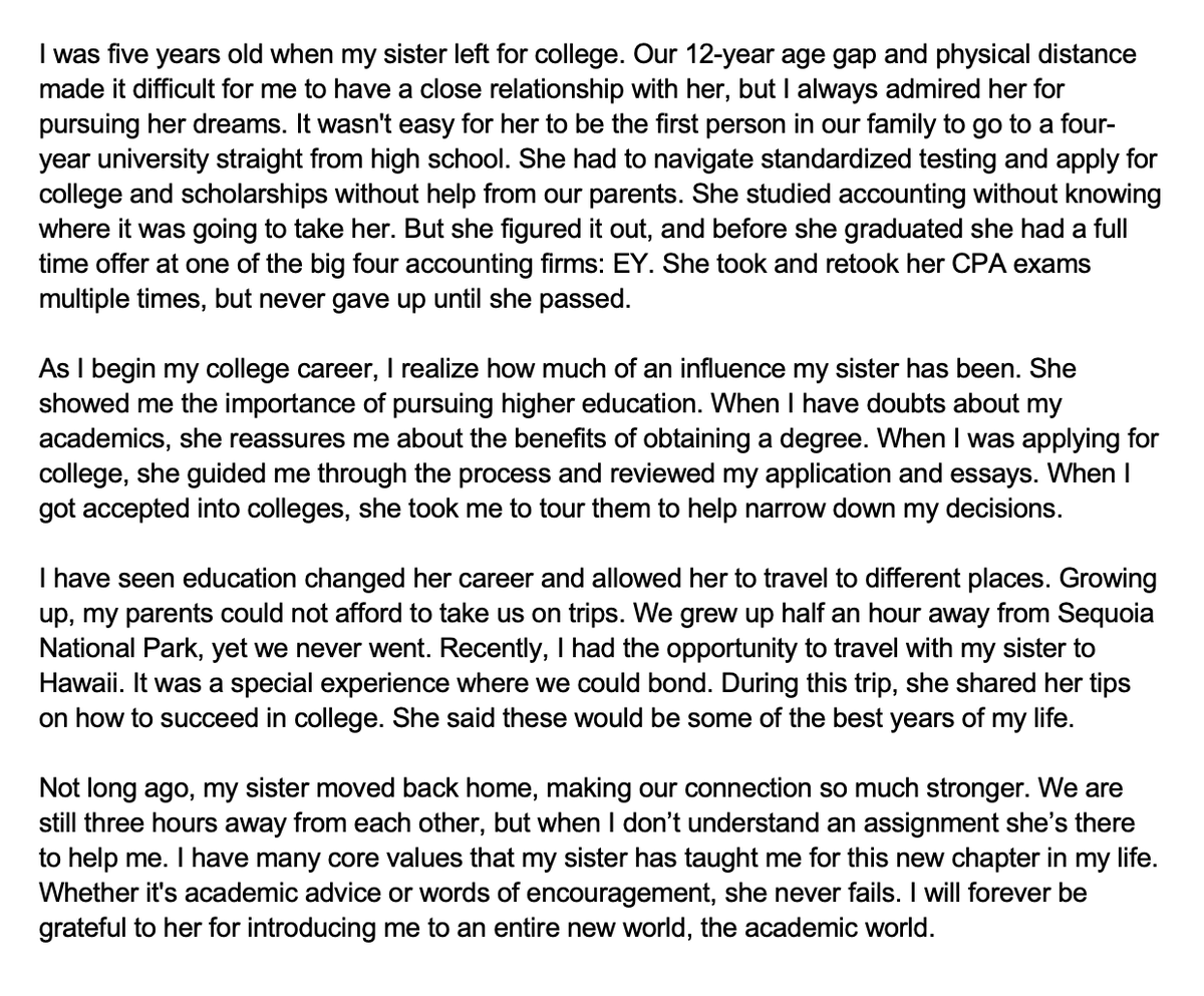 HumansofUCSB's tweet image. 𝐀𝐧𝐚𝐛𝐞𝐥 𝐏𝐫𝐞𝐜𝐢𝐚𝐝𝐨/𝟏𝐬𝐭 𝐲𝐞𝐚𝐫

"I was five years old when my sister left for college. Our 12-year age gap and physical distance made it difficult for me to have a close relationship with her..."