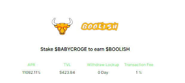 BabyCrogeCoin's tweet photo. The new $BABYCROGE/$BOOLISH staking pool just launched. Currently paying out an 11,000% APR! 
Dont miss out!

https://t.co/PLbeyBCnt1

@Boolishcro https://t.co/g5JXobm03m