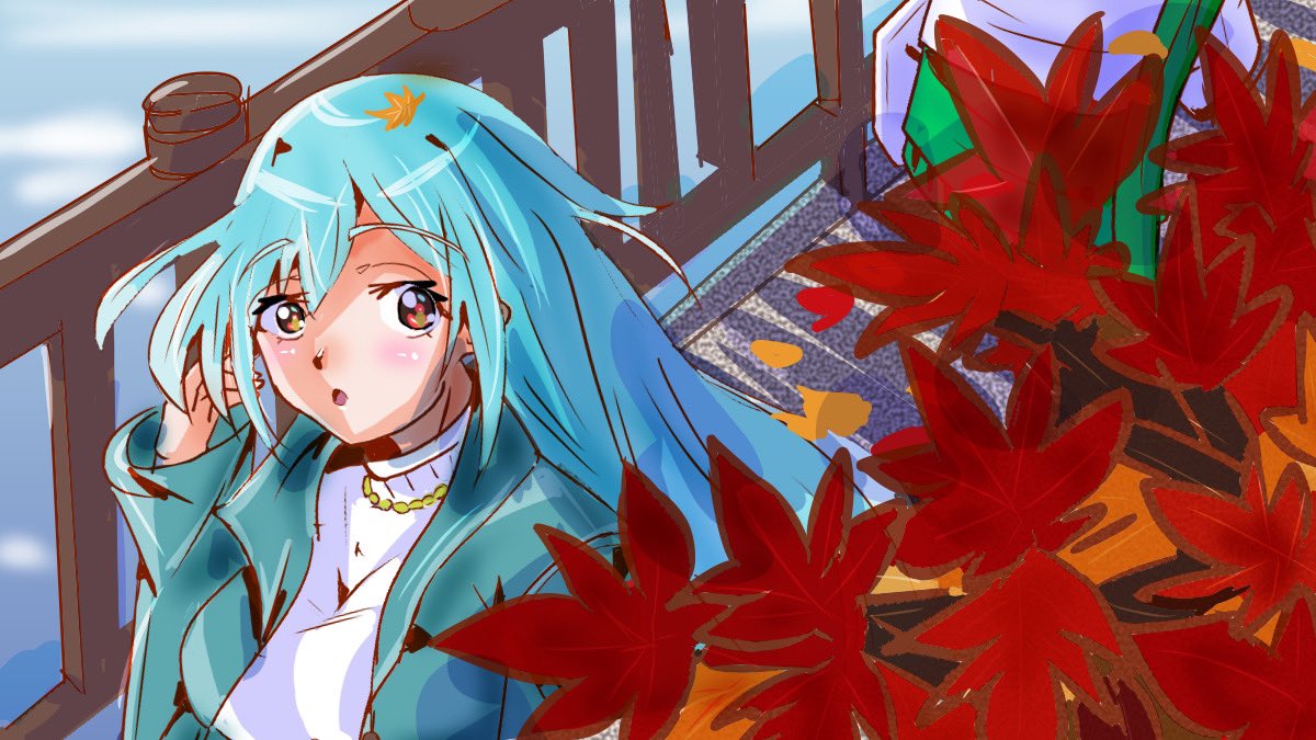 1girl solo long hair jacket blue hair leaf autumn leaves  illustration images