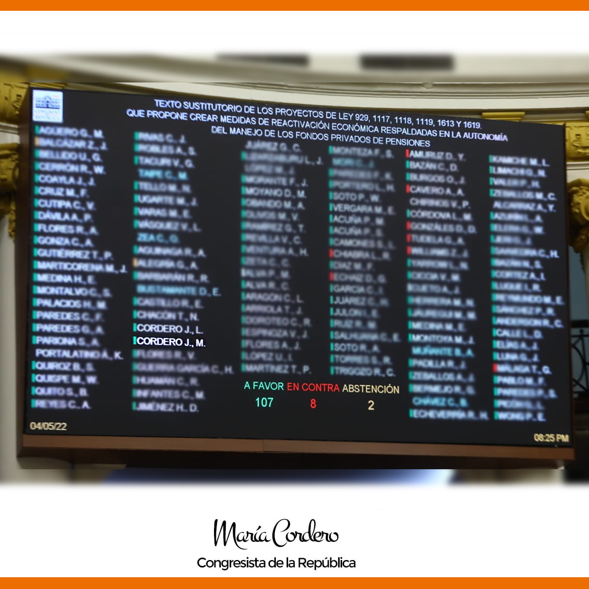 MariaCorderoJon's tweet photo. Con 107 votos aprobamos, en el pleno del @congresoperu, el dictamen que autoriza el retiro voluntario de hasta 4 UIT (S/ 18,400) de la #AFPs .  Ahora los afiliados al sistema privado de pensiones, en actividad laboral o no, podrán hacer uso de su dinero. 

#RetiroAFP https://t.co/zMLoblB4V0