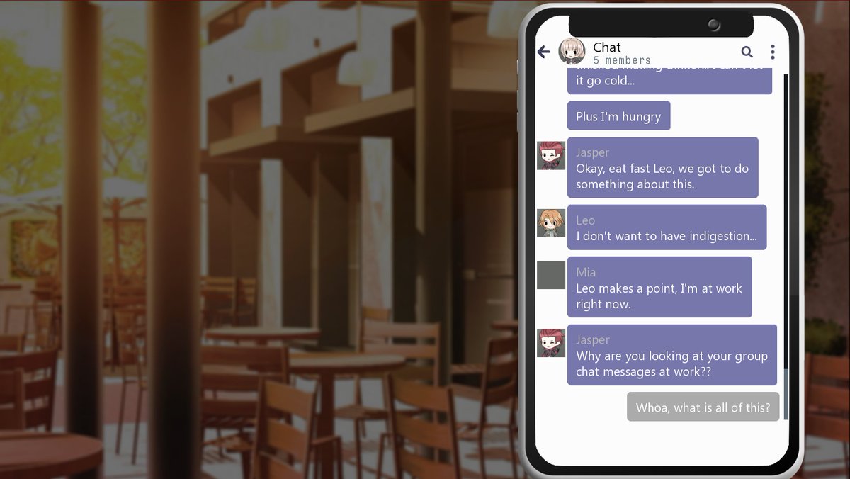 AstraThalia's tweet photo. Progress is being made in my #IndieGameDev project. In the last few weeks, I've added some lovely menus to choose from several date locations with each of the love interests, and I updated the game to have group chat. #renpy #vndev #WIP #wipwednesday https://t.co/cvW2aAdKaJ