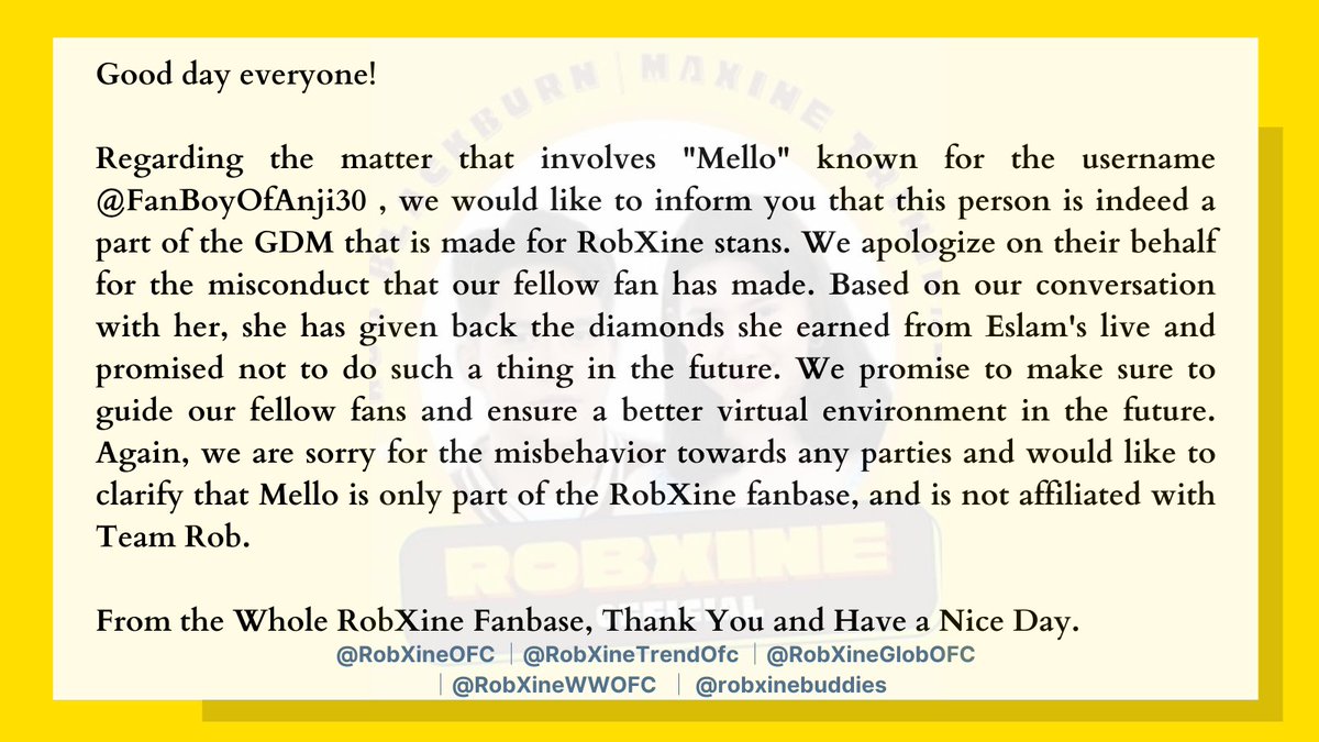 Good day everyone! This is our official statement about the current issue.  We sincerely apologize for the misbehavior of our co-member but again, we don't tolerate that kind of behavior. Thank you for understanding! 💛 <a href="/TeamEslamOFC/">TEAM ESLAM OFFICIAL</a>
<a href="/TeamEslamTrends/">TEAM ESLAM TRENDSETTER</a>
<a href="/TeamEslamNation/">TEAM ESLAM NATION</a> <a href="/TeamEslamWW/">TEAM ESLAM WORLDWIDE</a>