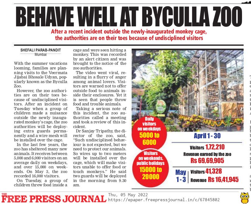 #AnimalAbuse
Byculla zoo to be more cautious towards animals
After an incident outside the monkey's cage, zoo authorities will now be deploying extra guards permanently and a wire mesh will be installed over the cage.
#MumbaiZoo
#zoo
#BycullaZoo
https://t.co/TxBbkqK4Ps https://t.co/v1HhJRIoQt