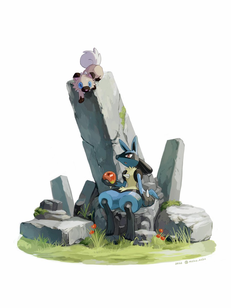 lucario pokemon (creature) sitting grass rock food holding blue eyes  illustration images