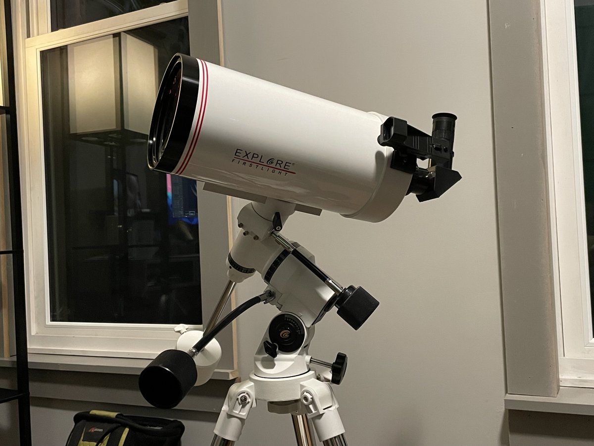 13protons's tweet photo. I tried out my new 127mm diameter Mak telescope tonight, with some good views of the moon's craters. I held out for this model because it came with an equatorial mount, which makes it easy to track objects that move because of earth's rotation. Overall a successful first session! https://t.co/9wLvNouNyo