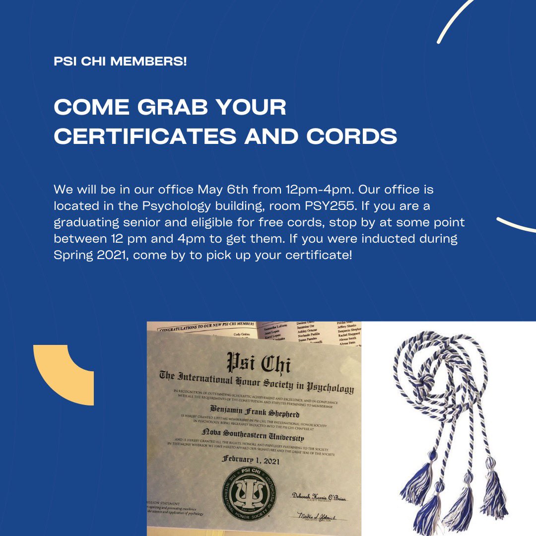asupsichi's tweet photo. Psi chi members: come in to pick up your cords and/or certificates in our office! https://t.co/edATyTyCs5