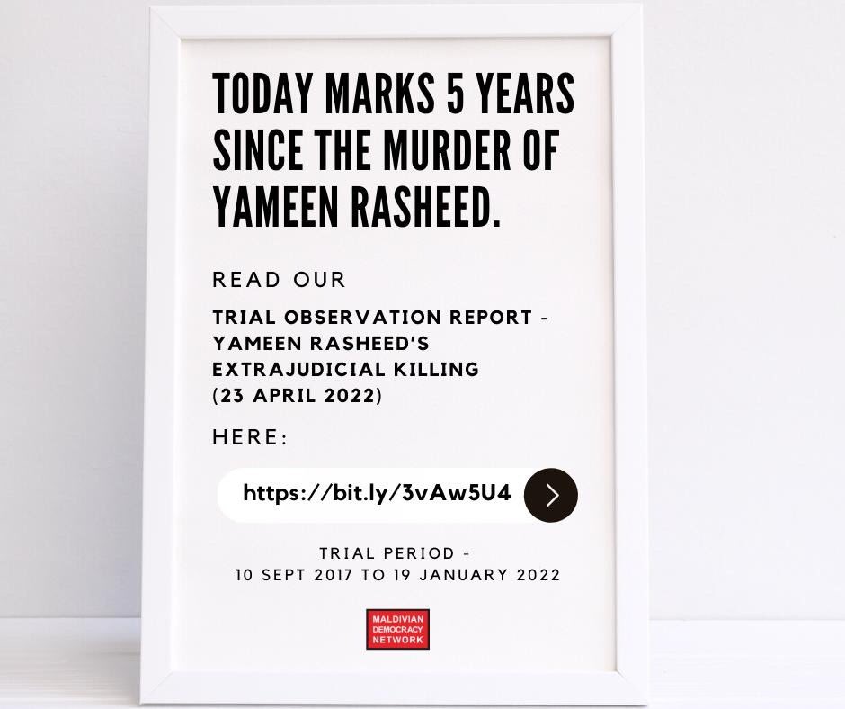 The #extrajudicialkilling of Yameen Rasheed (29), blogger and human rights defender,23 April 2017 #Maldives 

Trial length: 4 years and 4 months.

Find our trial monitoring report here —> bit.ly/3vAw5U4