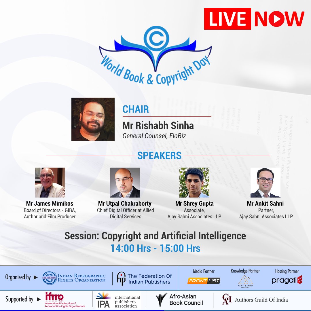 IRRO_Official's tweet photo. Live Now! Catch this insightful session live and listen to the conversation on Copyright and Artificial Intelligence. Join Now! 
https://t.co/rQTNIzxWia

#WorldBookAndCopyrightDay2022 https://t.co/2zSeR9Isrq