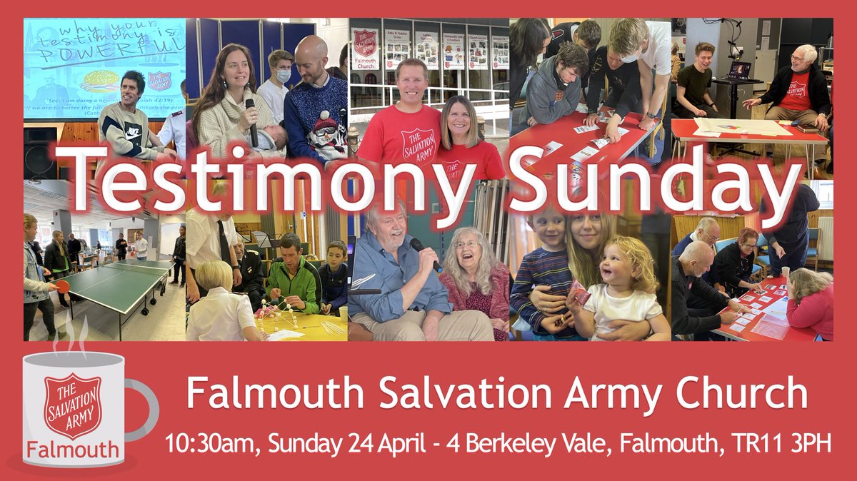 This Sunday our Church Gathering is “Testimony Sunday.” Every Testimony Sunday is filled with people sharing about how Jesus is working in their life, while others share how they are checking out the claims of Jesus.

#church #falmouth #TheSalvationArmy <a href="/salvationarmyuk/">The Salvation Army</a>