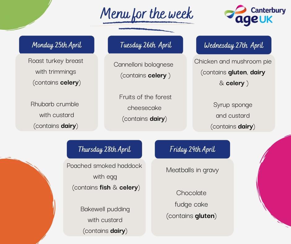 Next week's Meals at Home Service Menu🍝 All Meals are served with potatoes and two veg🥕🥦  Gluten free and vegetarian options are available.  To order with us please give us a call on 📞01227 462368