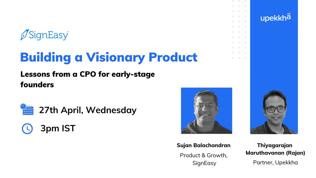 upekkhaBe's tweet photo. Lessons from @SujanBala, product &amp; growth at 
@getSignEasy for early-stage founders as he shares his experience and journey with @mtrajan  on Upekkha Live this Wednesday. Watch this space.

#Upekkha #TwitterLive https://t.co/vANKmJFkgp